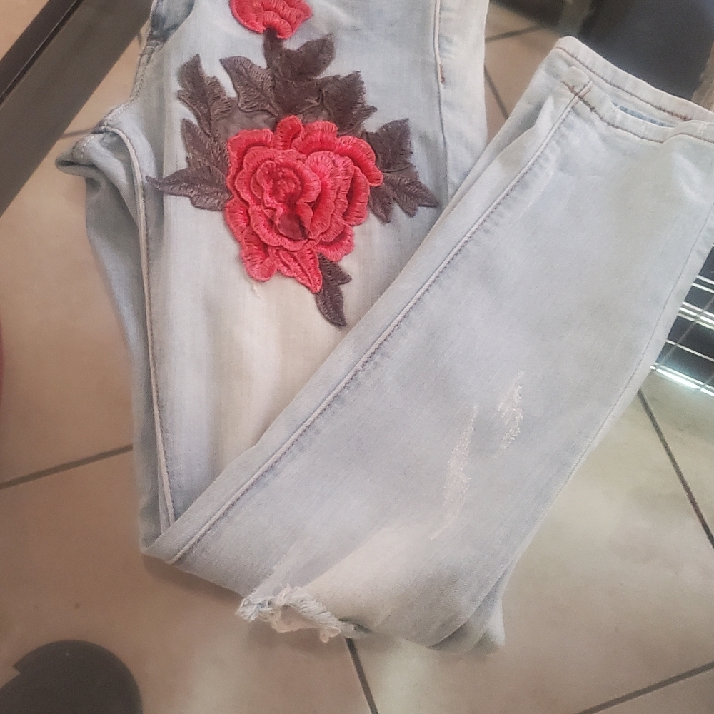 Machine Light Blue Skinny Jeans with Red Rose Embroidery - Picture 3 of 5